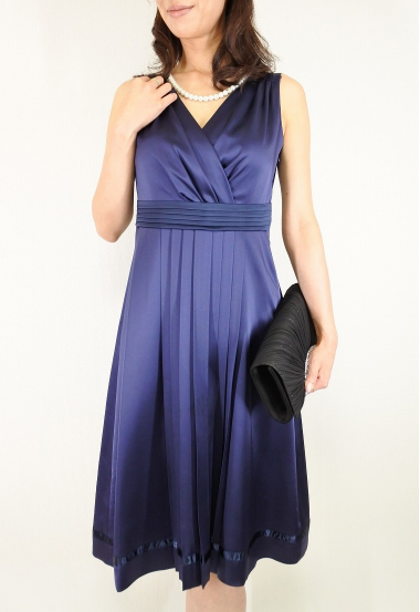 ドレスレンタル格安 プリーツワンピースドレス ネイビー M